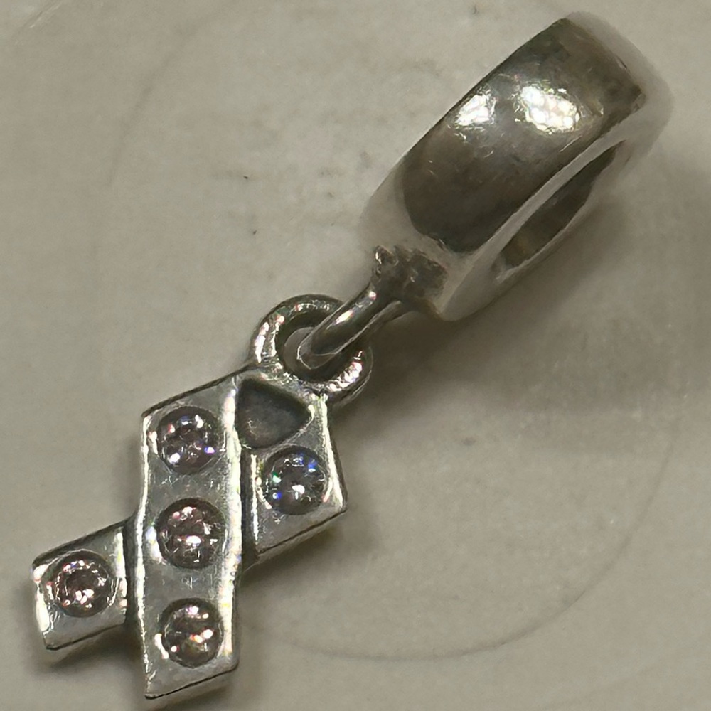 1 Authentic Pandora Retired Breast Cancer Pink Ribbon Dangle Charm with Pink CZ